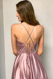 A Line Pink Spaghetti Straps Long Split Prom Dresses With Pockets DMK35