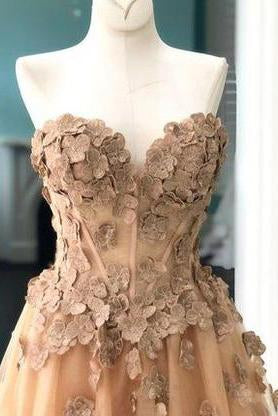 Elegant A-Line Sweetheart Appliqued Brown Prom Dress DML96