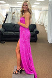 Strapless Sheath Sequins Long Prom Dresses Formal Evening Dresses with Slit DMP236