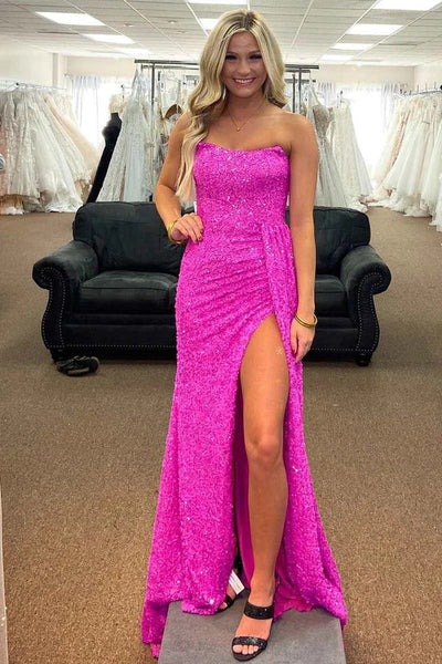 Strapless Sheath Sequins Long Prom Dresses Formal Evening Dresses with Slit DMP236