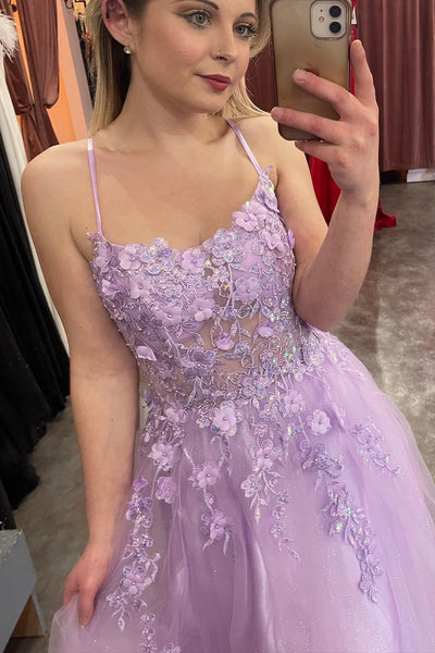 Lilac Appliques Straps A-line Long Prom Dress DR16297
