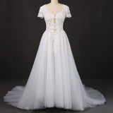 Off White A Line Short Sleeves Lace Appliques Wedding Dress, Bridal Gown DMQ32