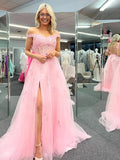 A-Line Pink Lace Appliques Long Prom Dresses With Slit Formal Evening Dresses DMP235