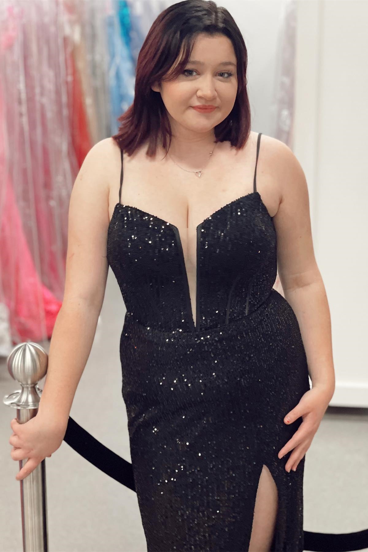 Black Lace-Up Sequins Mermaid Deep V Neck Long Prom Dress with Slit DR16298