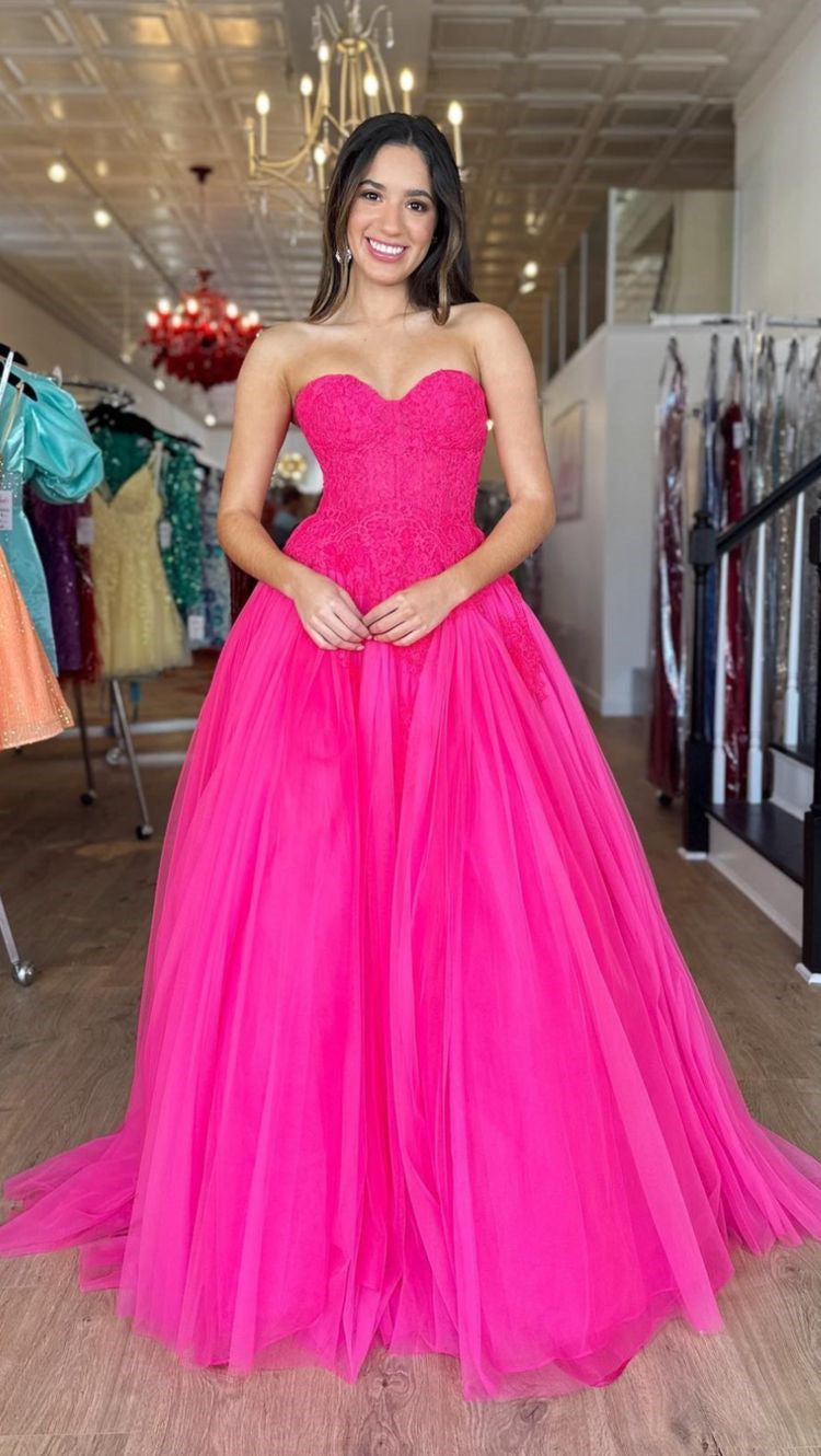 Chic A-line Tulle Sweetheart Long Prom Dress Fuchsia Elegant Evening Dress DMP303