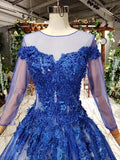 Charming Long Sleeve Tulle Royal Blue Applique Ball Gown Prom Dresses with Beads DMN74