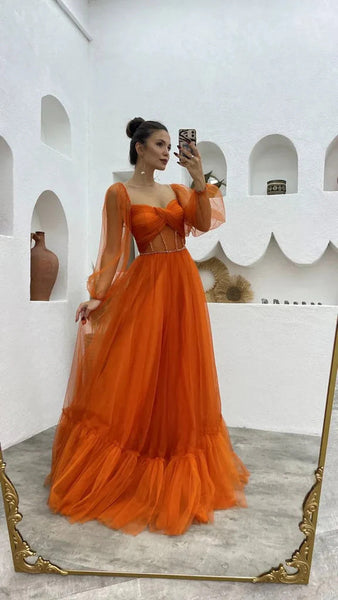 A Line Tulle Orange Long Sleeves Long Prom Dresses Long Evening Party Dresses DM1940