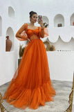 A Line Tulle Orange Long Sleeves Long Prom Dresses Long Evening Party Dresses DM1940