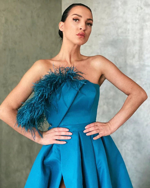 A Line Peacock Blue Satin Long Prom Dresses, Strapless Formal Evening Dresses DM1959