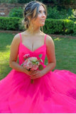 Hot Pink A-line V-neck Long Prom Dresses, Tulle Spaghetti Straps Graduation Dress DMP076