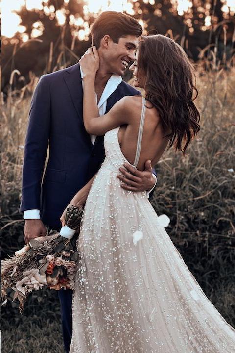 Backless Straps Long A-line Lace Simple Bridal Gown Wedding Dresses DMM79