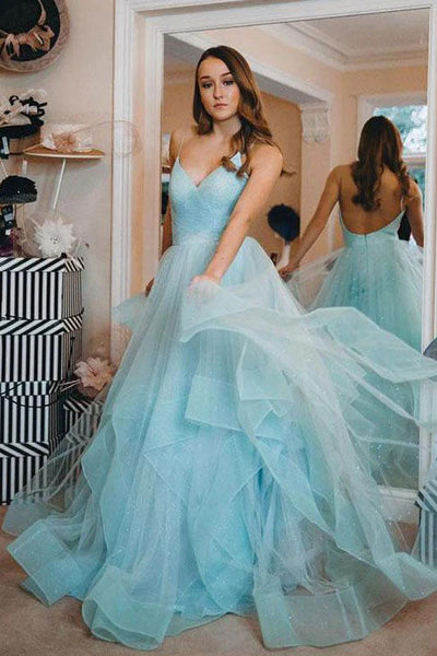 Light Blue Backless Prom Gown Spaghetti-straps Tulle Tiered Dance Dress DMP262