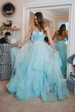 Light Blue Backless Prom Gown Spaghetti-straps Tulle Tiered Dance Dress DMP262