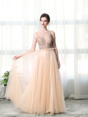 A Line Bateau Tulle Long Prom Dresses With Beads DML27