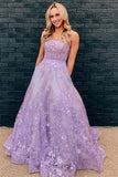 Purple Lace Floral Appliques Long Prom Dresses, A Line Long Formal Evening Dresses DMP231