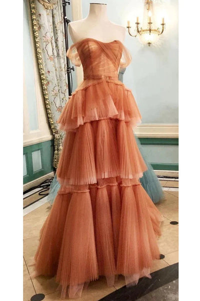 Orange Off the Shoulder Tulle Tiered Long Prom Dress, A Line Evening Gown DMP226