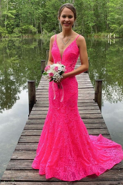 Mermaid V Neck Hot Pink Lace Long Prom Dresses Chic Evening Dresses DMP208