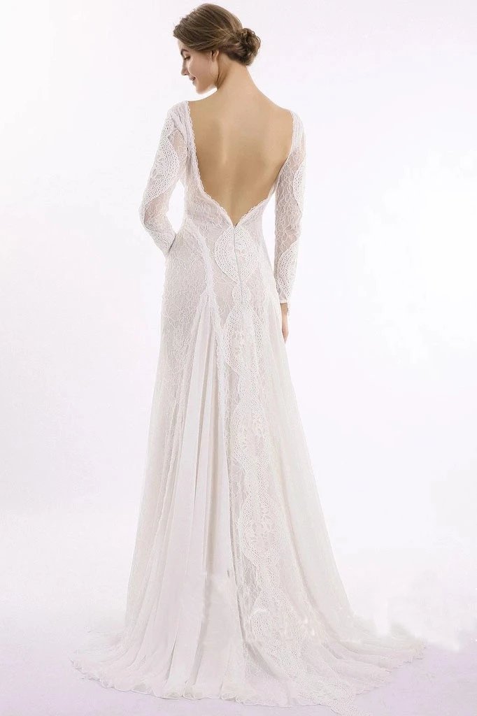 Elegant Lace Bridal Dress, Long Sleeves Backless Beach Wedding Dresses Bellapromdress Elegant Lace Bridal Dress, Long Sleeves Backless Beach Wedding Dresses Bellapromdress