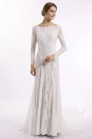 Elegant Lace Bridal Dress, Long Sleeves Backless Beach Wedding Dresses DMN91