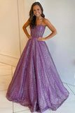 Shiny Sequins Spaghetti Straps Purple Long Prom Dresses, Formal Graduation Evening Dresses DMP218