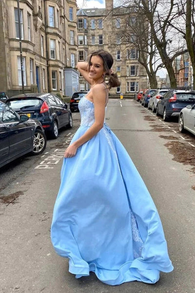 Sky Blue Satin A-line Sweetheart Lace Appliques Prom Dresses, Long Formal Evening Gown DMP216