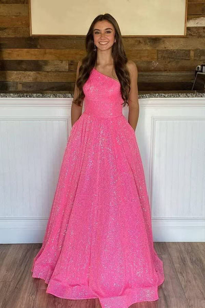Sparkly Sequins Hot Pink A-line One Shoulder Long Prom Dresses With Pockets DMP213