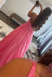 Sparkly Sequins Hot Pink A-line One Shoulder Long Prom Dresses With Pockets DMP213