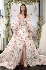 Stylish Long Sleeves Printed Long Prom Dress with High Slit, Long Formal Evening Dress DM1995