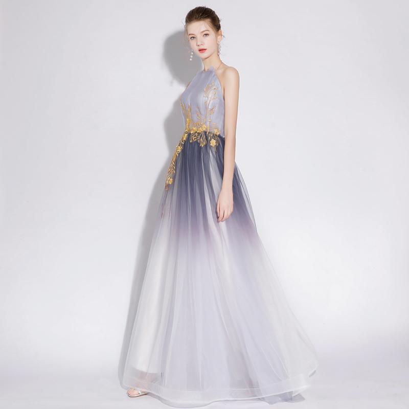 A Line Halter Tulle Long Prom Dresses With Appliques DML28