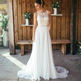 Elegant A-Line Round Neck Chiffon with Lace,Beach Boho Wedding Dresses DMM88