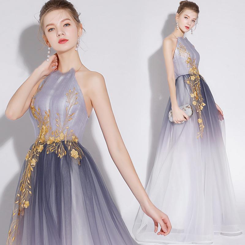A Line Halter Tulle Long Prom Dresses With Appliques DML28