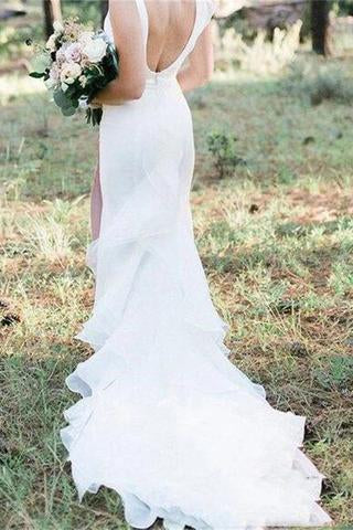 V Neck Backless Sheath White Wedding Dresses Long Simple Bridal Dresses DMN96