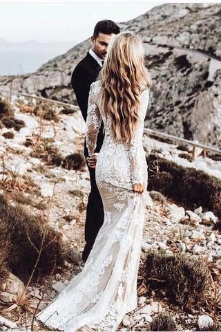 Vintage Long Sleeve Mermaid Lace Applique Wedding Dressses DMN93