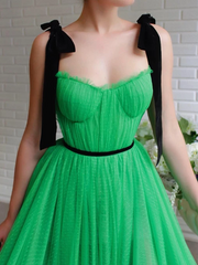 A-line Black Straps Sage Long Charming Prom Dresses Tulle Evening Dress DMS97