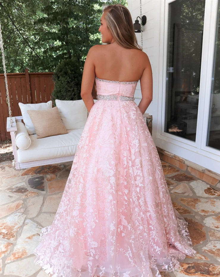 Stunning A-line Strapless Sky Blue Lace Beaded Long Prom Dresses Evening Dress DMT2