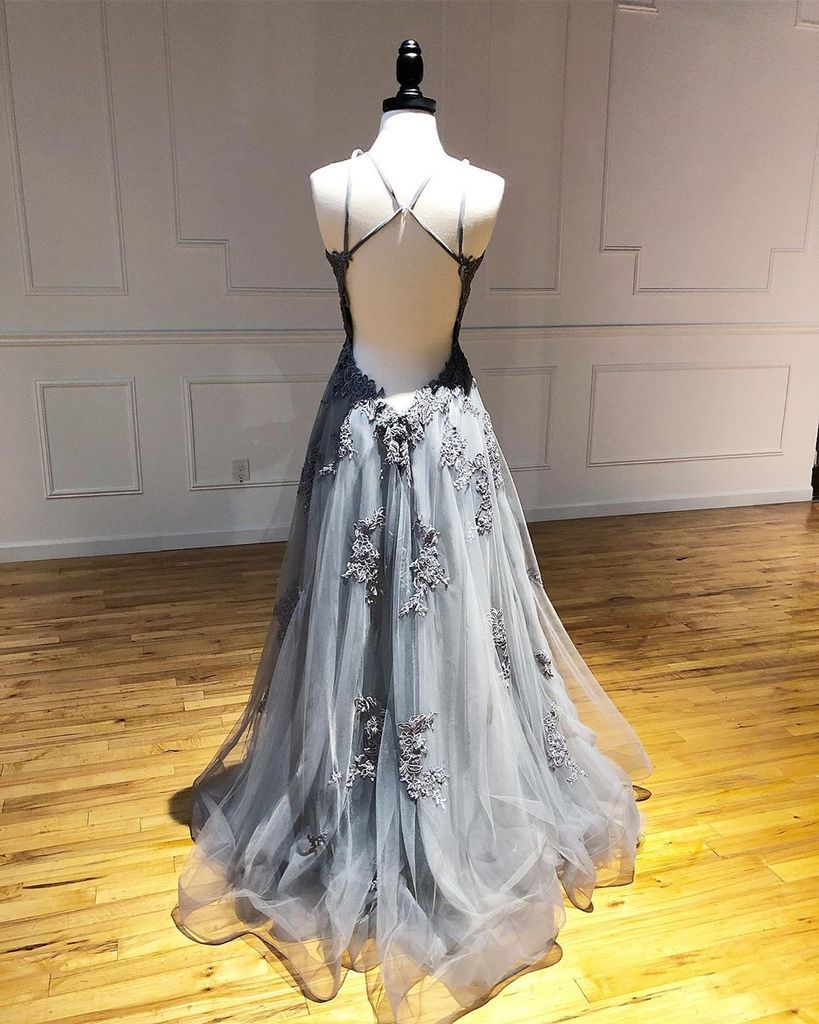A-line Spaghetti Straps Lace Appliques Grey Tulle Long Prom Dresses Party Dresses DMR70