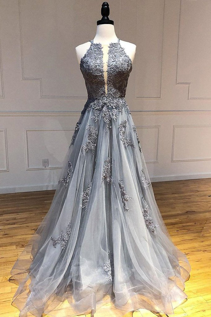A-line Spaghetti Straps Lace Appliques Grey Tulle Long Prom Dresses Party Dresses DMR70