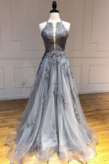 A-line Spaghetti Straps Lace Appliques Grey Tulle Long Prom Dresses Party Dresses DMR70
