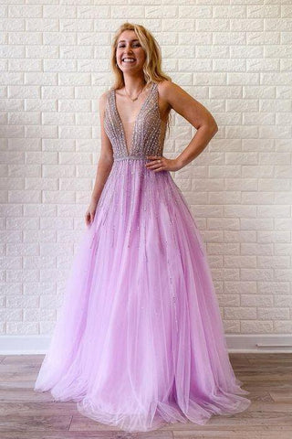 A-line V Neck Lilac Long Prom Dresses Tulle Beaded Evening Gowns DMR64