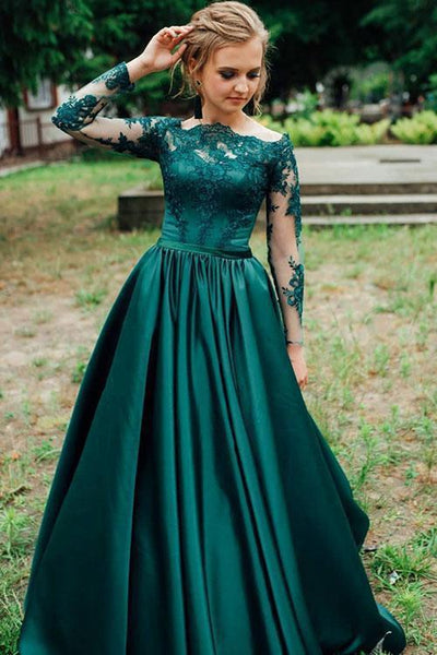 A Line Long Sleeves Dark Green Satin Appliques Prom Dresses Evening Dress DMR46