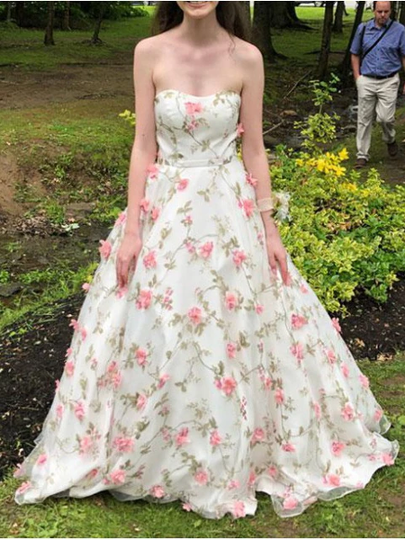 A Line Floral Long Prom Dresses Strapless Beautiful Flower Printed Prom Dress DMR43