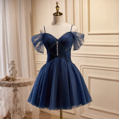 A-line Off-the-shoulder Short Prom Dress Dark Navy Homecoming Dress Cocktail Dresses lop257|Selinadress