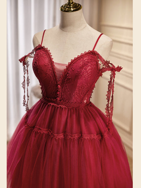 A-line Spaghetti Straps Red Lace Short Prom Dress Cute Homecoming Dress Cocktail Dresses lop258|Selinadress