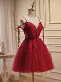 A-line Spaghetti Straps Red Lace Short Prom Dress Cute Homecoming Dress Cocktail Dresses lop258|Selinadress