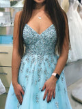 A-line V-neck Beaded Prom Dresses Lace Blue Prom Gowns DMO95