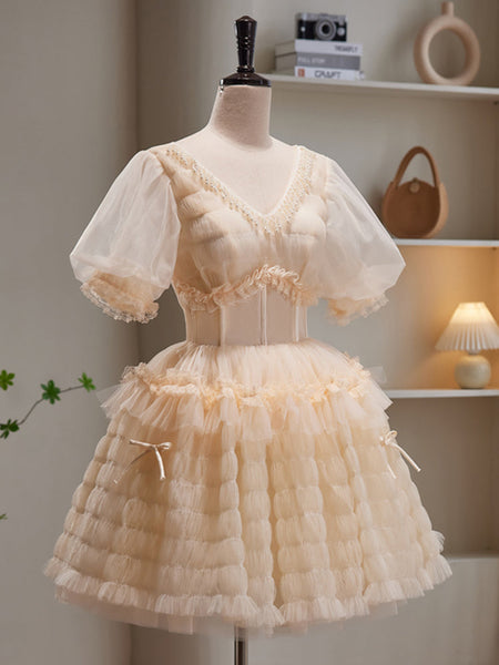A-line V neck Puff Sleeve Short Prom Dress Beautiful Homecoming Dress lop252|Selinadress