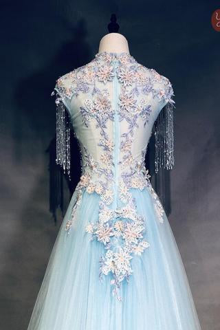 Light Blue Cap Sleeves Prom Dress with Beading, Formal Evening Dress DMN42