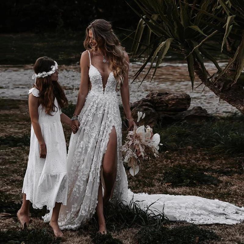 Boho Deep V Neck A Line Lace Wedding Dresses With Slit, Spaghetti Stra Bellapromdress Boho Deep V Neck A Line Lace Wedding Dresses With Slit, Spaghetti Stra Bellapromdress