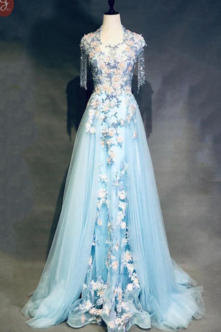 Light Blue Cap Sleeves Prom Dress with Beading, Formal Evening Dress DMN42