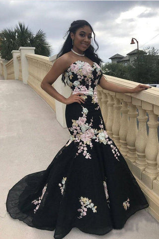 Black Mermaid Prom Dresses Strapless Embroidery Applique Sexy Prom Dresses DMP4